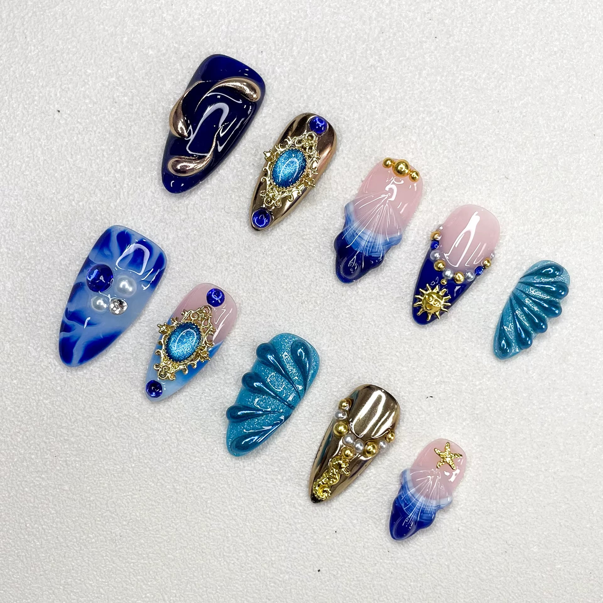 New 3D Handmade Nail Relief Series Gradual Change Color Press on Nails New Female Nail Decoration Gold Embellishment Series