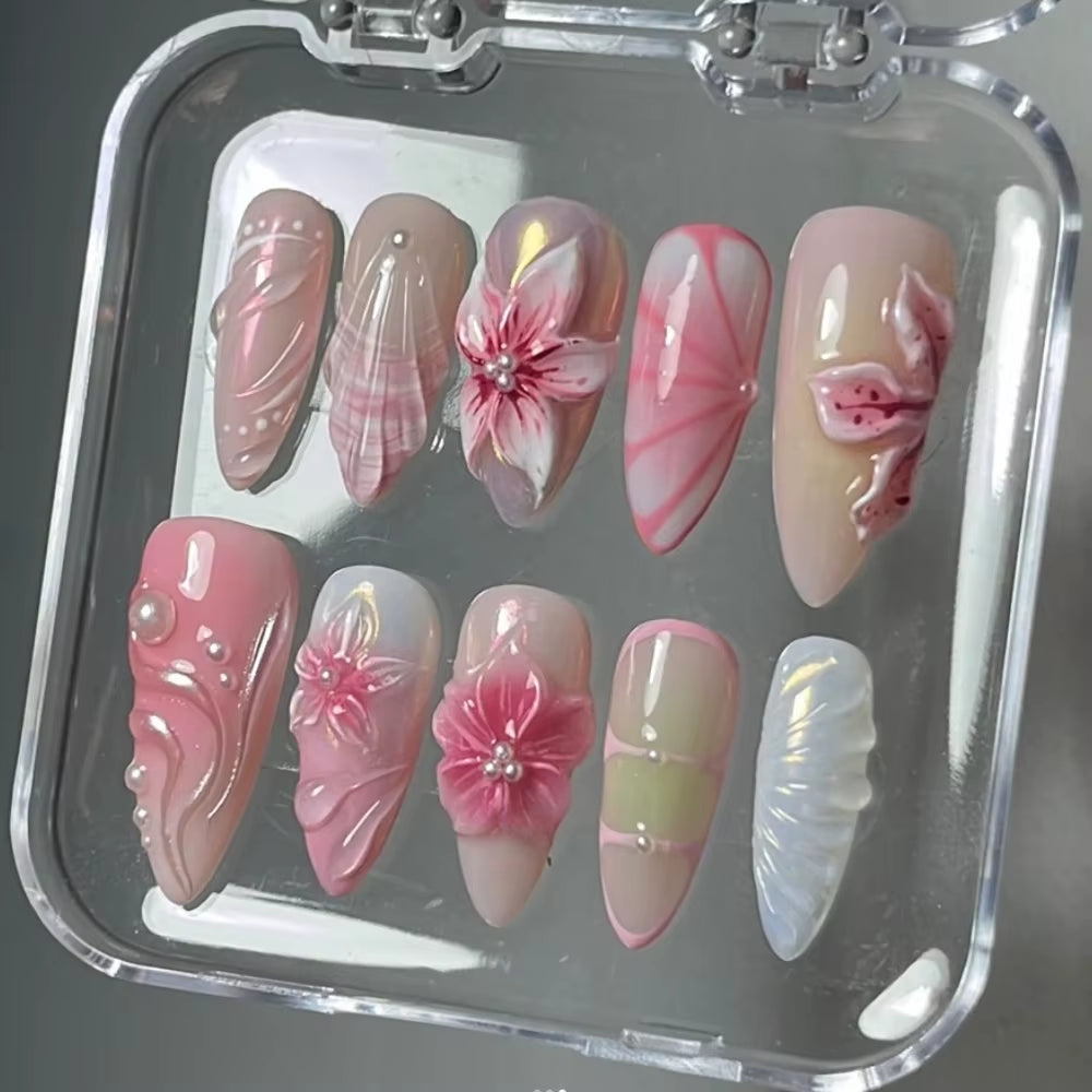 Handmade Medium Almond Press on Nails - 3D Blush Petal Muse – Soft Goddess Bloom Set