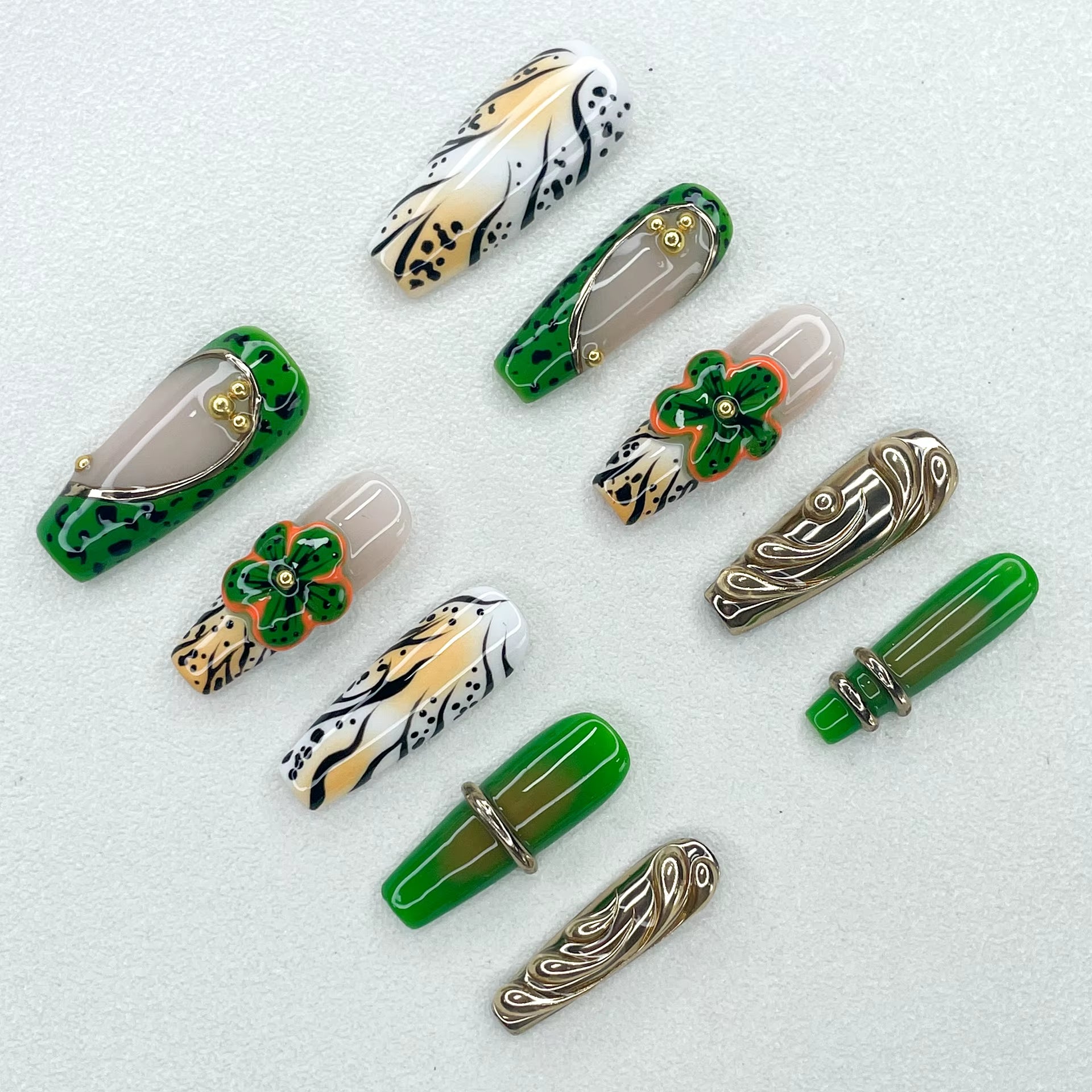 New Long Trapezoidal Manicure 3D Handmade  - Verdant Muse – Sculpted Earth Goddess Set