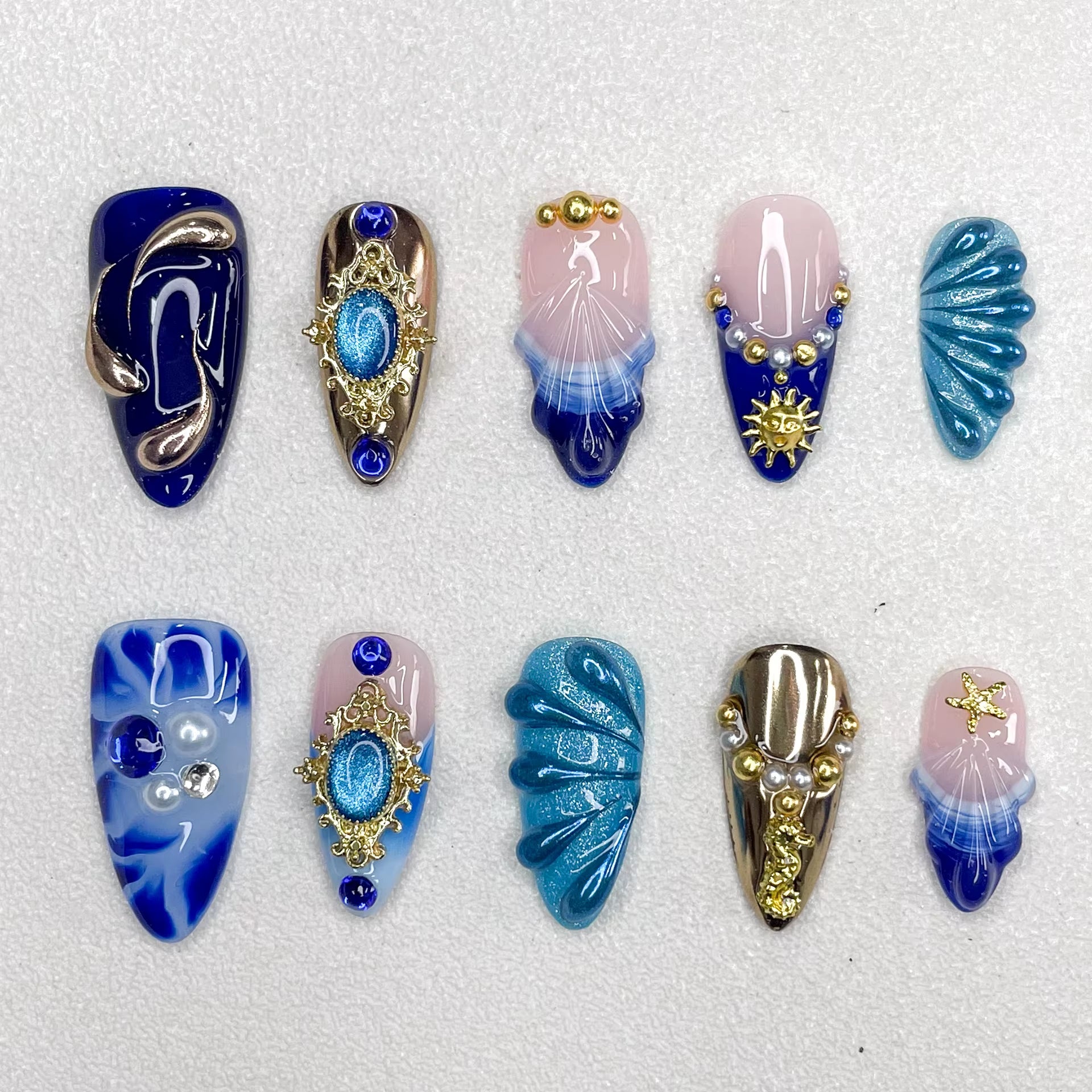 New 3D Handmade Nail Relief Series Gradual Change Color Press on Nails New Female Nail Decoration Gold Embellishment Series
