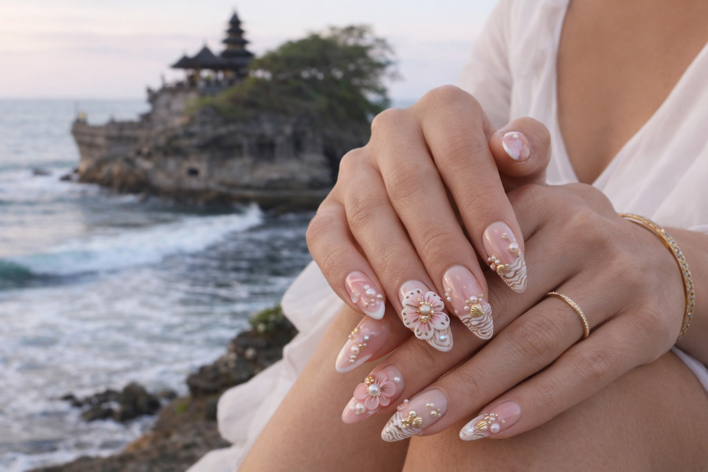 Blush Shell Goddess – Handmade 3D Floral Press-On Nails | Soft Pink Luxury Nail Set