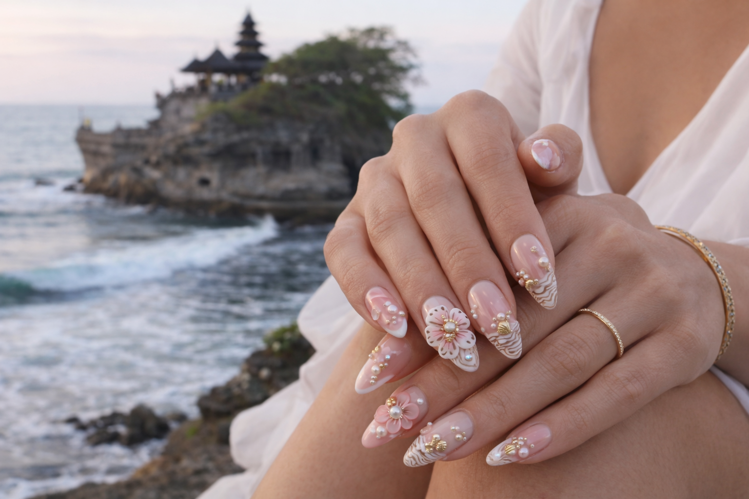 Blush Shell Goddess – Handmade 3D Floral Press-On Nails | Soft Pink Luxury Nail Set