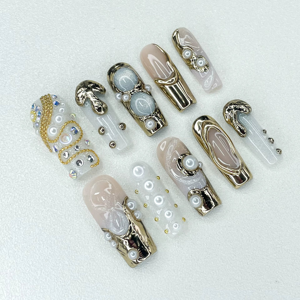 Handmade 3D Molten Pearl Oracle – Sculpted Gold Goddess Set (Long)