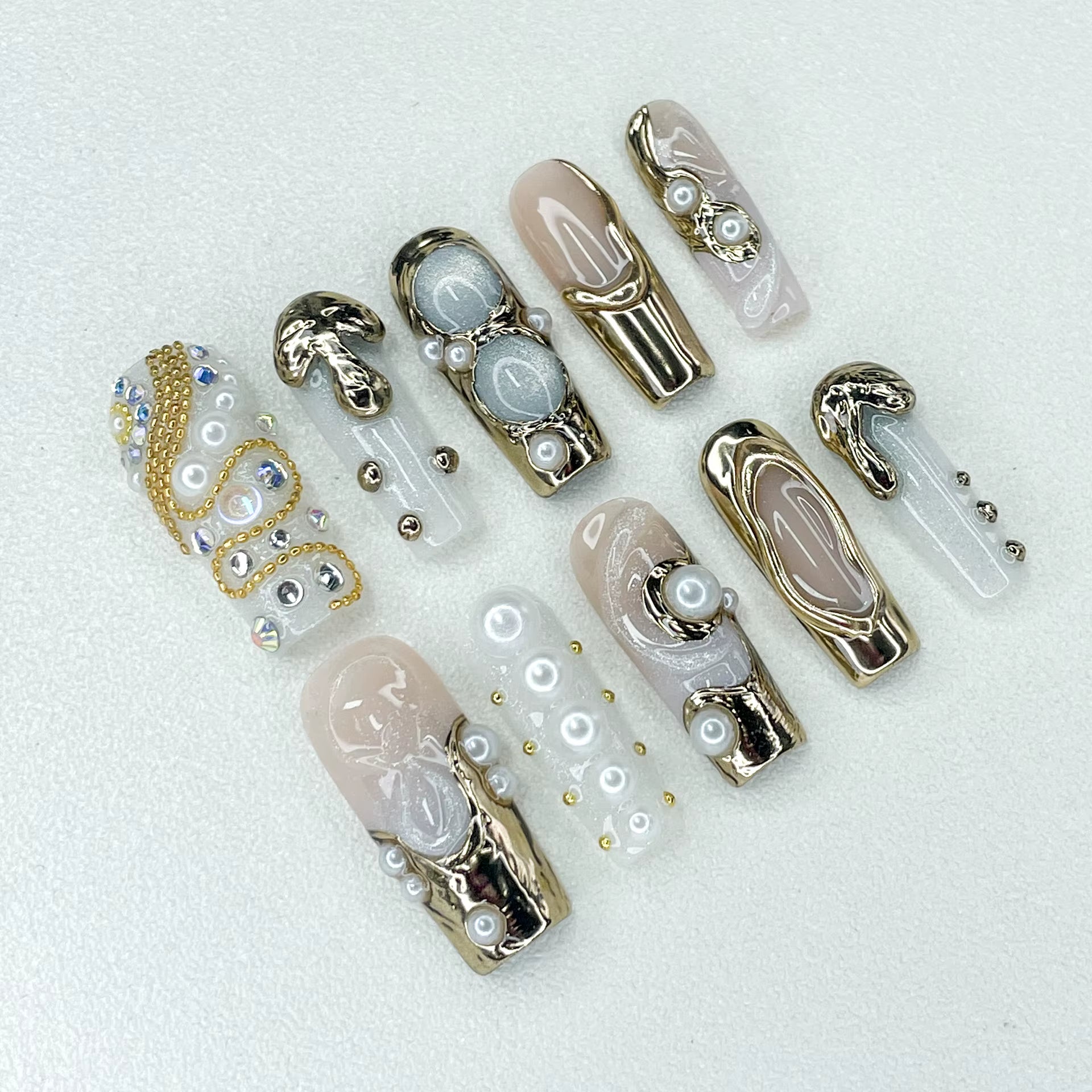 Handmade 3D Molten Pearl Oracle – Sculpted Gold Goddess Set (Long)