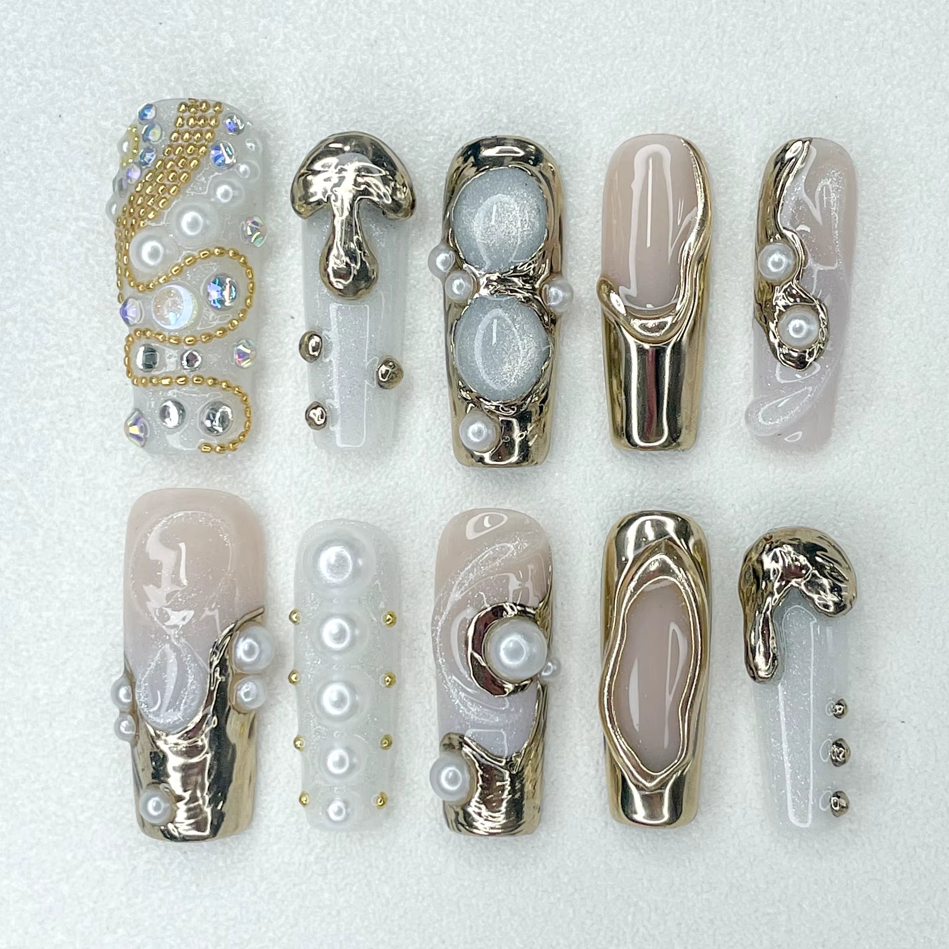 Handmade 3D Molten Pearl Oracle – Sculpted Gold Goddess Set (Long)