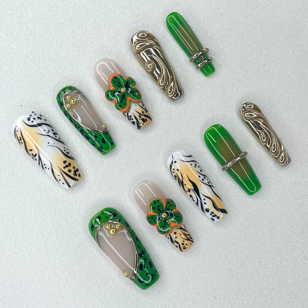 New Long Trapezoidal Manicure 3D Handmade  - Verdant Muse – Sculpted Earth Goddess Set