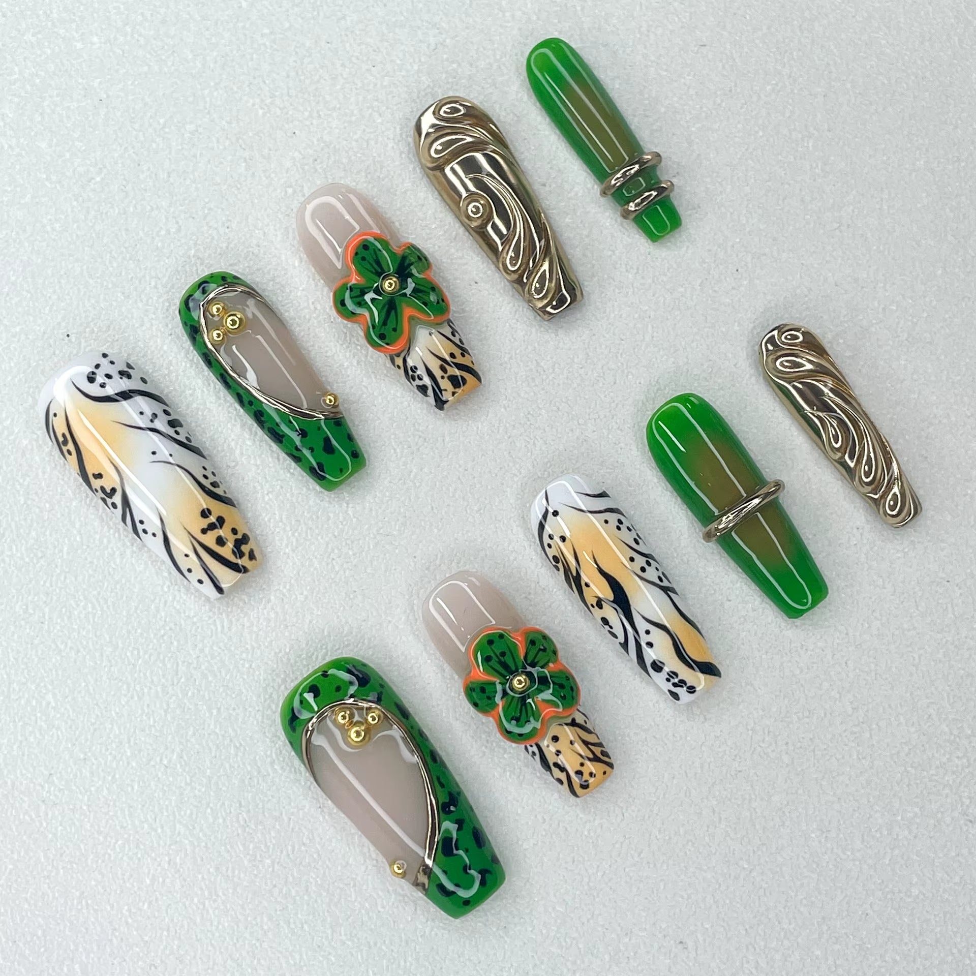 New Long Trapezoidal Manicure 3D Handmade  - Verdant Muse – Sculpted Earth Goddess Set