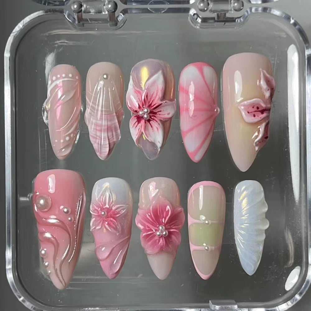 Handmade Medium Almond Press on Nails - 3D Blush Petal Muse – Soft Goddess Bloom Set