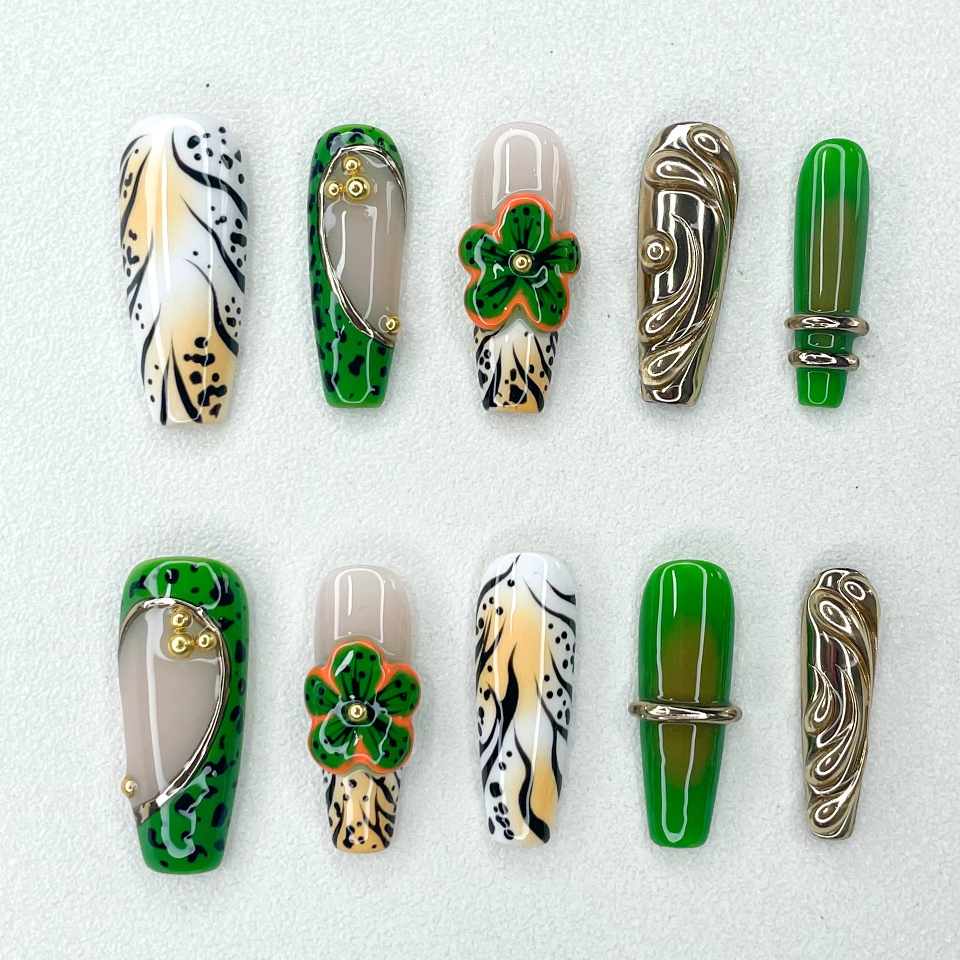 New Long Trapezoidal Manicure 3D Handmade  - Verdant Muse – Sculpted Earth Goddess Set