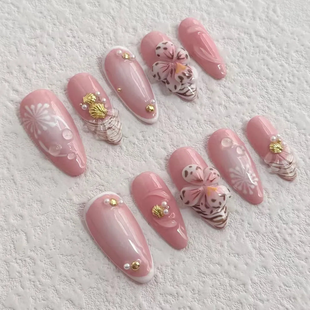 Blush Shell Goddess – Handmade 3D Floral Press-On Nails | Soft Pink Luxury Nail Set