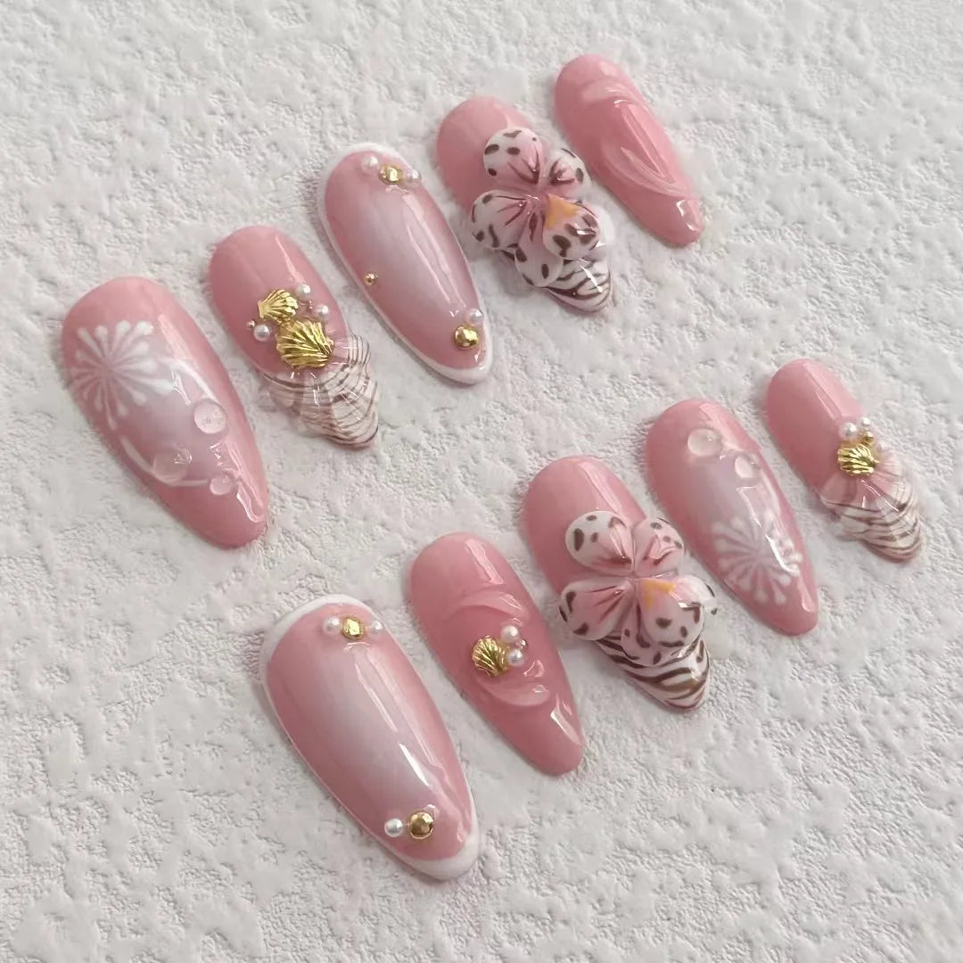 Blush Shell Goddess – Handmade 3D Floral Press-On Nails | Soft Pink Luxury Nail Set