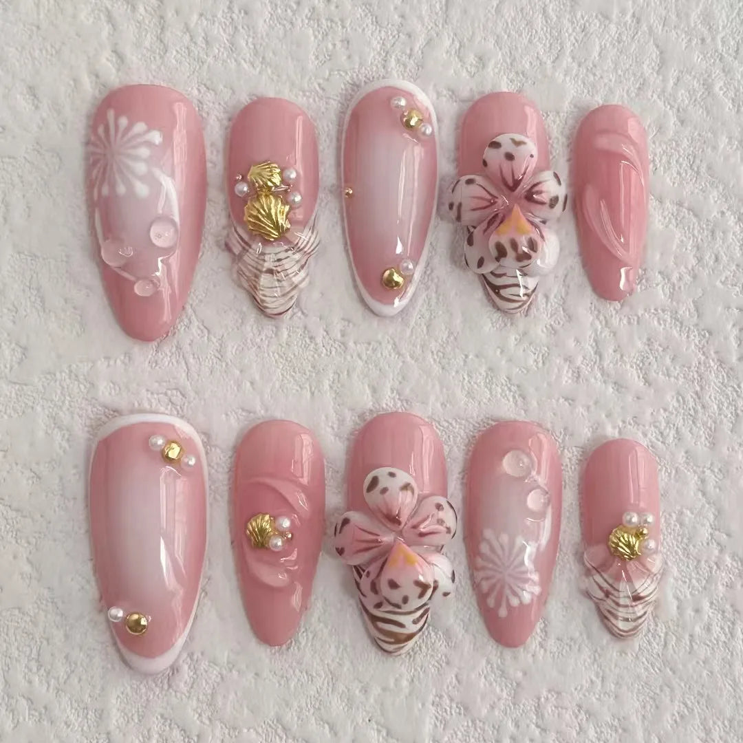 Blush Shell Goddess – Handmade 3D Floral Press-On Nails | Soft Pink Luxury Nail Set