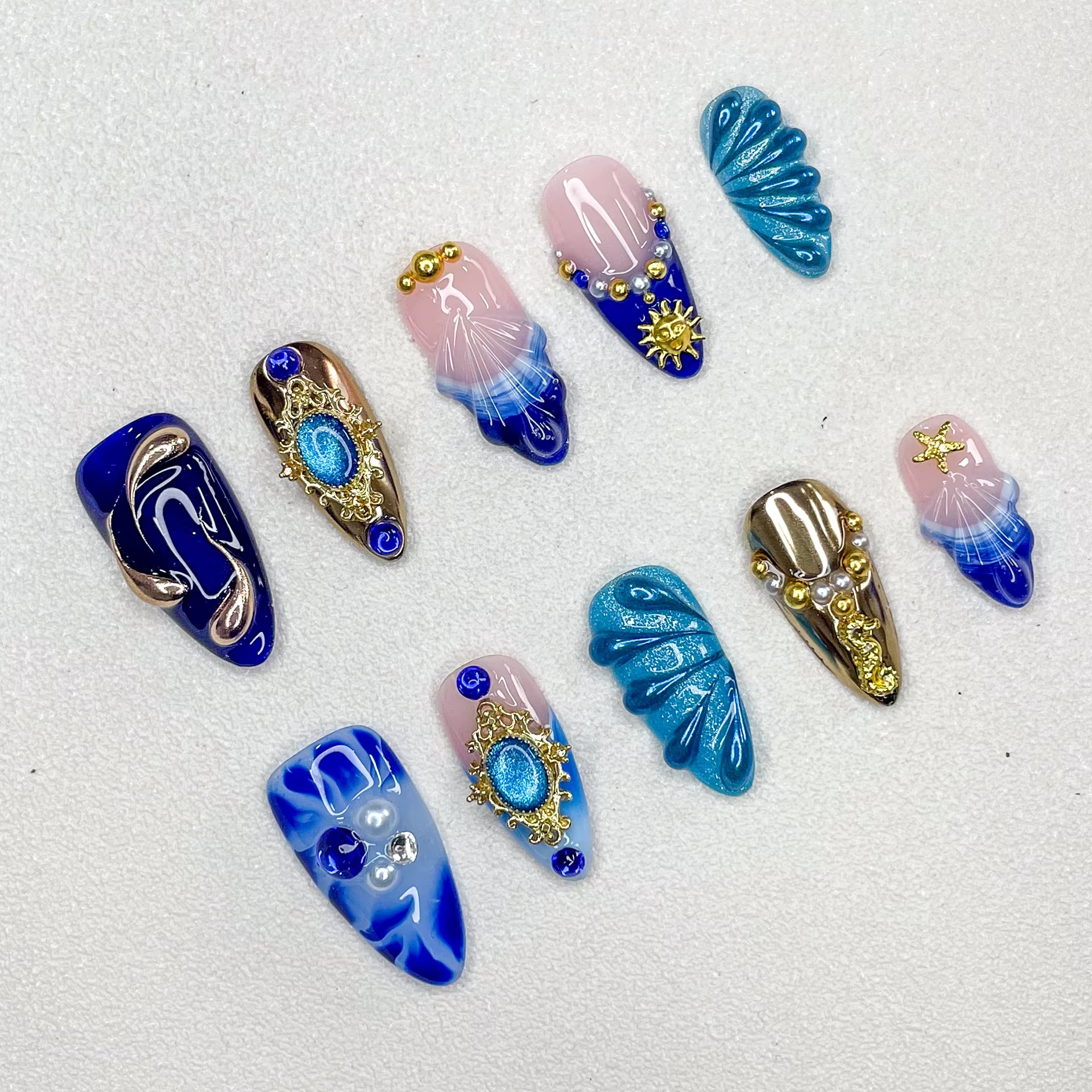 New 3D Handmade Nail Relief Series Gradual Change Color Press on Nails New Female Nail Decoration Gold Embellishment Series