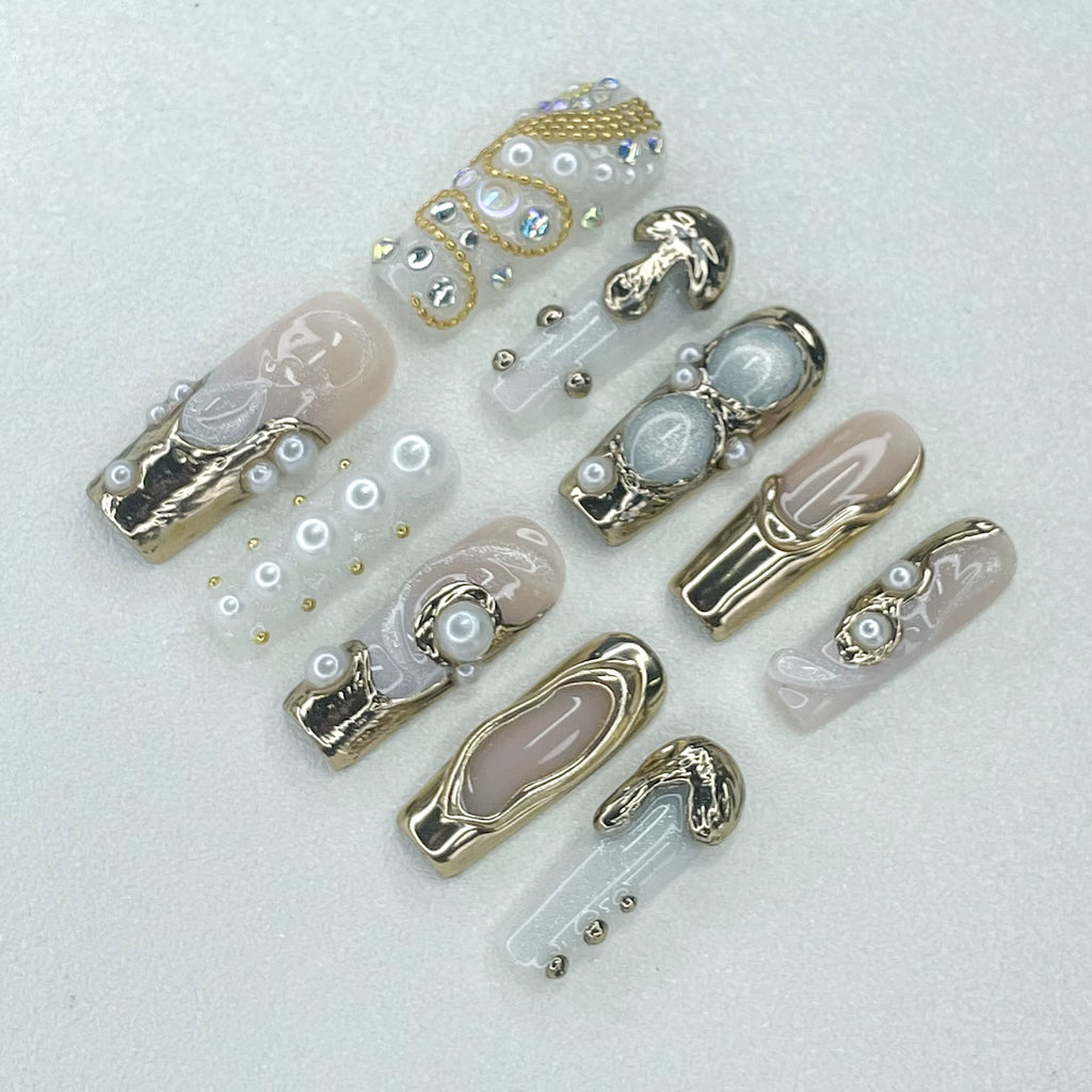 Handmade 3D Molten Pearl Oracle – Sculpted Gold Goddess Set (Long)